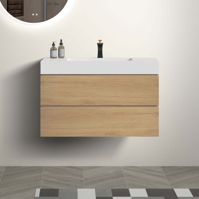 36" Large Storage Wall Mounted Bathroom Vanity With Sink For Modern Bathroom, One-Piece Sink Basin Without Drain And Faucet, Pre-Assembled