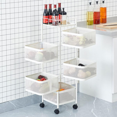 Chariot de rangement multifonctionnel, tablette en métal rotative à 360 ° avec paniers et roulettes amovibles, pour salon de cuisine à 5 niveaux, blanc, 10,25 x 10,25 x 37,6 po