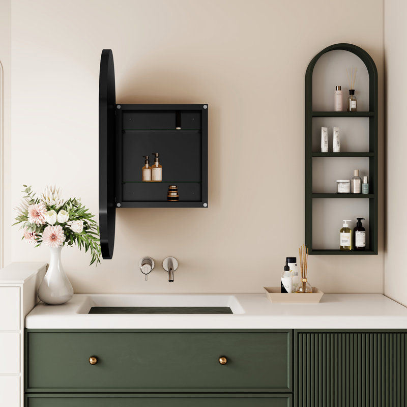 Armoire murale de salle de bain 20 po x 34 po, ovale encastrée, cadre en métal noir mat avec miroir et tablettes réglables, unité de rangement ovale facile à installer, unité fonctionnelle