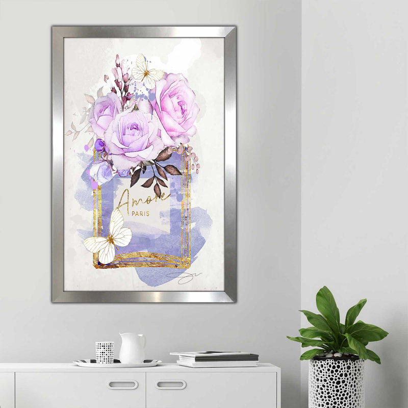 Bouteille de parfum, fleurs et papillons (mauve) (vertical) - impression, Encadrement argenté