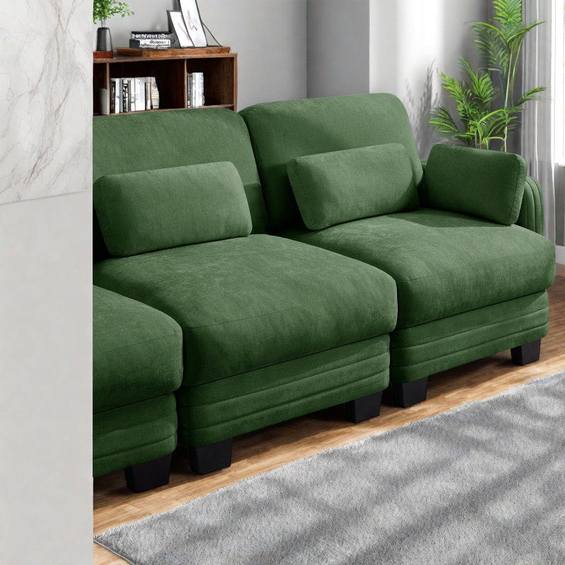 Canapés d'angle modulaires, modèle 4 places en chenille verte en forme de U, avec 2 poufs pour la maison