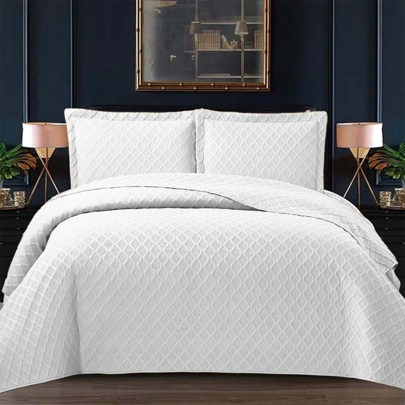 Bedspread Diamond Check Embossed Set with Pillow Shams, Textured All-Season Comfort, Single, Double, King & Super King, White