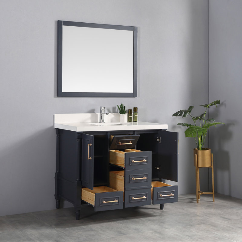 Ensemble de meuble-lavabo simple 42 po Flavell, Blanc, bordure droite, Bleu marine hâlé