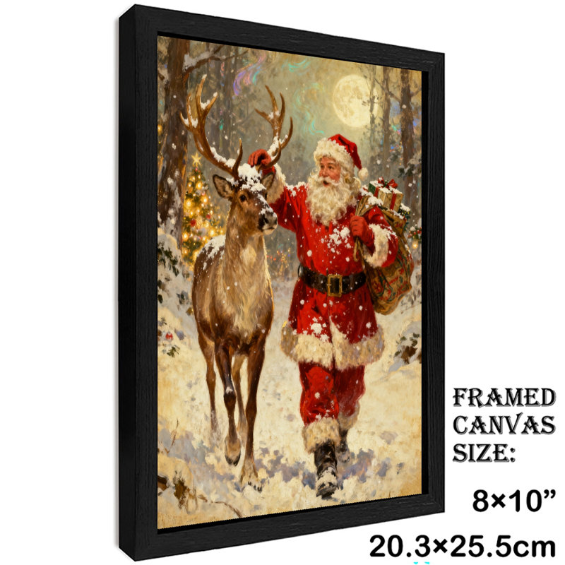 Père Noël rétro noir encadré avec art mural de style rétro, H 11 po x l 9 po