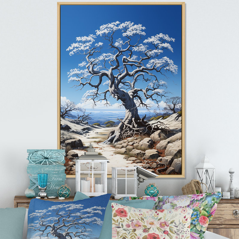 Arbre harmonie sur fond bleu - Art mural sur toile floral et botanique, L 24 po x H 32 po, Cadre naturel flottant