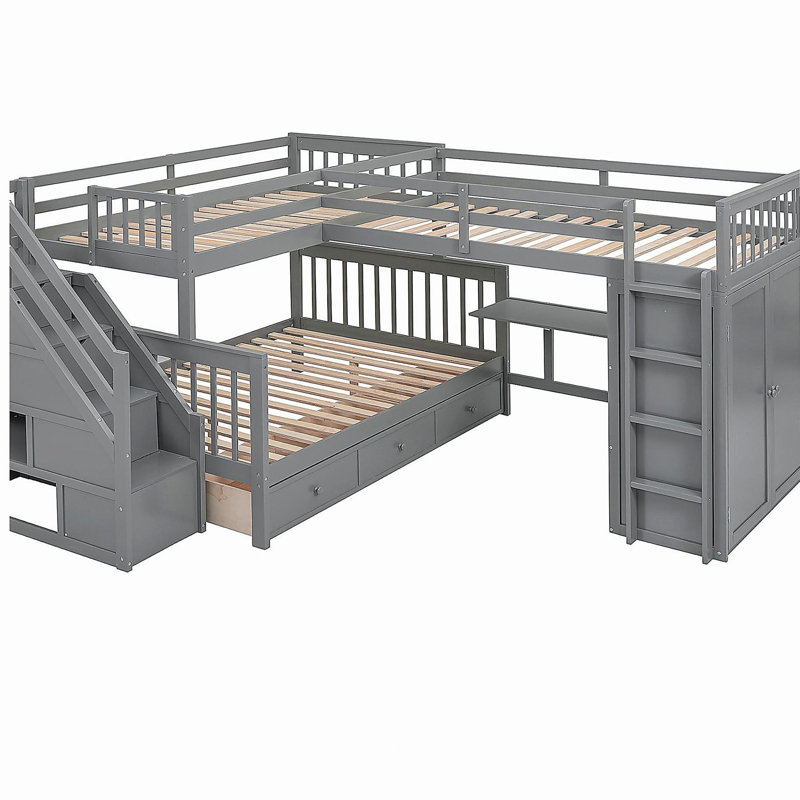 Lit superposé simple en forme de L simple avec 3 tiroirs, bureau portable et garde-robe, gris (ANCIEN SKU: LT100542AAE), Gris
