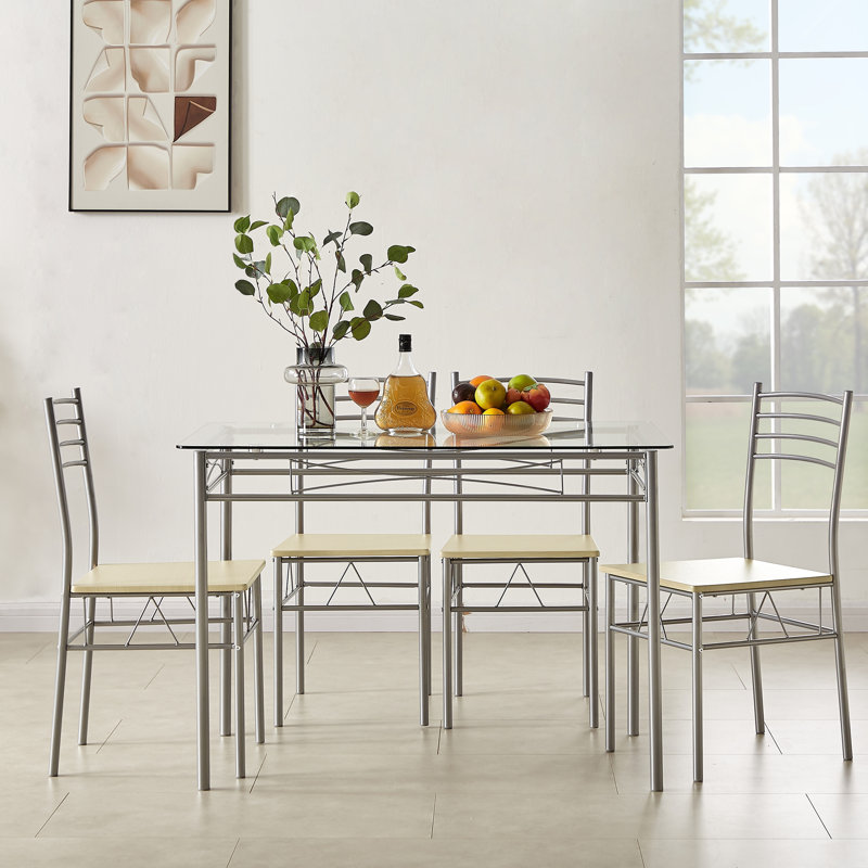 Izen 4 - Person Four Leg Dining Set, 5 Piece Dining Table Set with Tempered Glass Top, Metal Frame Kitchen Table Set with 4 Chairs, Modern Small Space Glass Dining Set for Apartment, Kitchen, Dining Room, Breakfast Nook