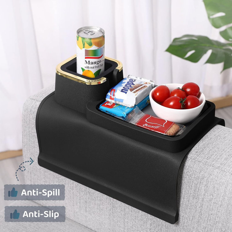 Couchette porte-gobelet - Organisateur de canapé avec accoudoirs en silicone lesté avec sous-verre anti-éclaboussures, accès facile aux boissons, collations, télécommande et téléphone, base antidérapante, nettoyage facile