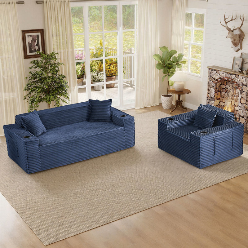 2-Piece Modern Compression Living Room Set With Armchair And Sofa, Blue