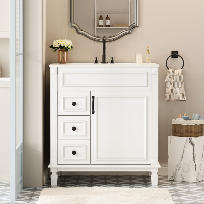 Meuble-lavabo de 30 pouces d'inspiration française avec lavabo en céramique de haute qualité, tiroirs coulissants et tiroirs réglables