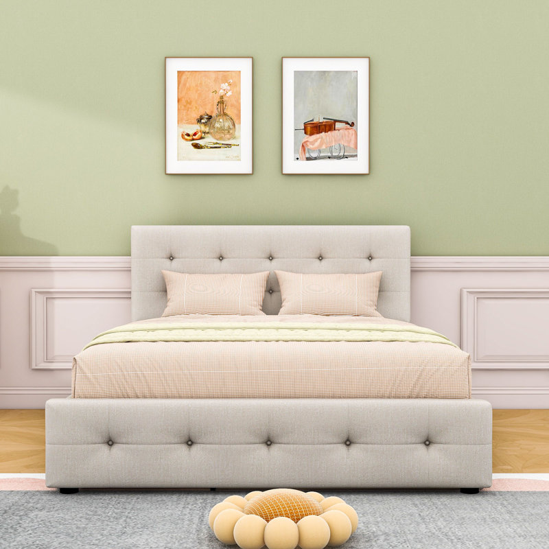 Grand lit plateforme tapissier avec tête de lit capitonnée, lit simple TG et deux tiroirs, Beige foncé