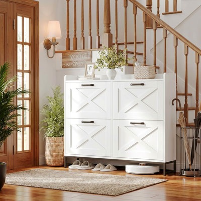 47.2" Farmhouse Shoe Storage Cabinet, 4 Flip Drawers for 24 Pairs, Narrow Hidden Shoe Rack With Metal Legs, Freestanding Wooden Shoe Organizer, For Entryway, hallway or living room