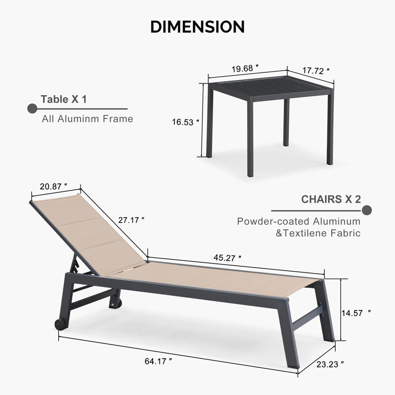 Chaise longue d'extérieur en métal avec table, Beige