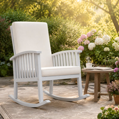Acacia Wood Outdoor Rocking Chair with Cushions, Patio Rocking Chair with High Back & Deep Seat, Porch Rocker for Backyard, Garden, Deck & Sunroom, Weather-Resistant Wooden Lounge Chair-White