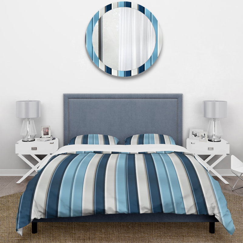 Ensemble de housse de couette élégant à rayures bleues et blanches, Housse de couette pour grand lit et 2 taies décor