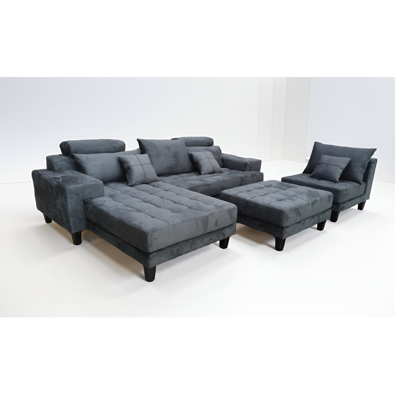 Upholstered L-Shaped Sectional, Left Hand Facing, Gray Microfiber/Microsuede