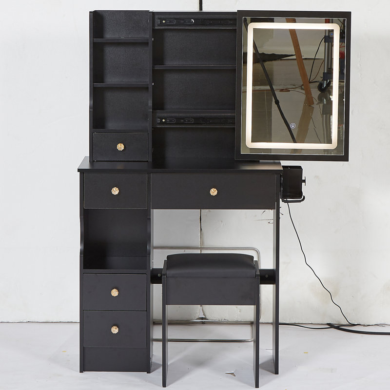 29.2" Small Size Left Drawer Desktop Vanity Table + Cushioned Stool, Black