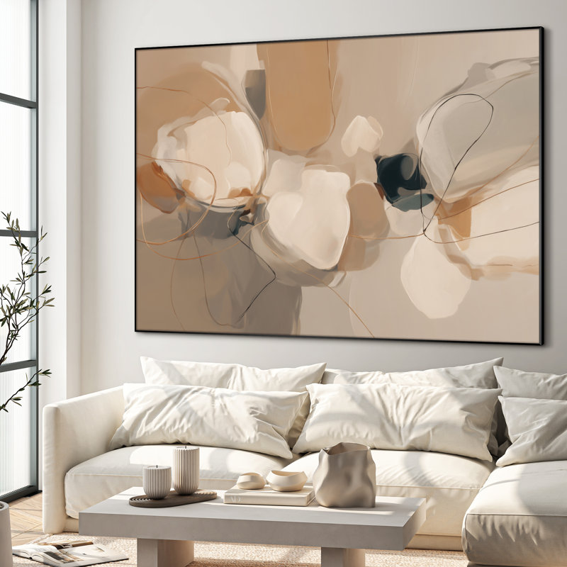 Extra Large Wall Art Fabric Print - Neutral Abstract Bloom Minimalist Organic Shapes Artwork Decor for Living Room or Bedroom - "Frame Assembly Required (Unfinished Frame)"