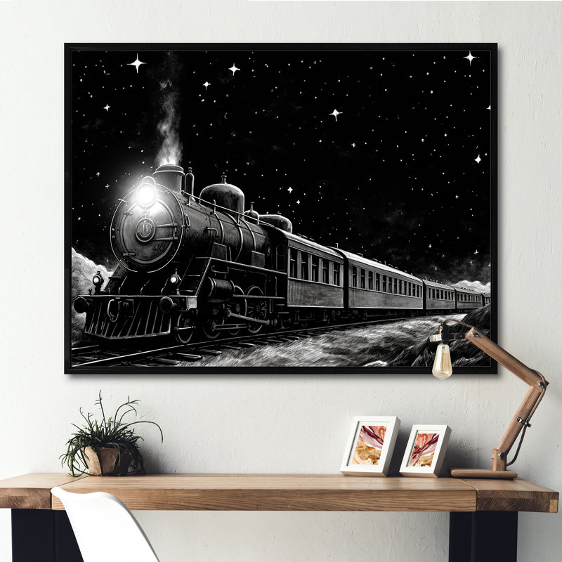 Train noir et blanc II - train, art mural, Cadre flottant noir, H 12 po x l 20 po x P 1 po