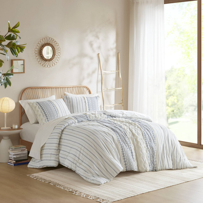 Imani Cotton Printed Comforter Set, King/Cal King Comforter + 2 King Shams, White/Navy
