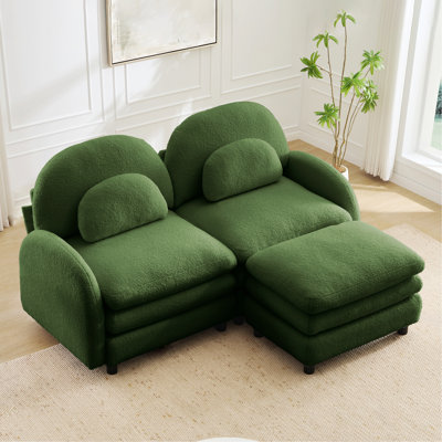 Teddy Fabric Soft Cloud-like Loveseat Sofa with Curved Backrest, Movable Ottoman for Small Space, Indoor Sofa for Relaxation