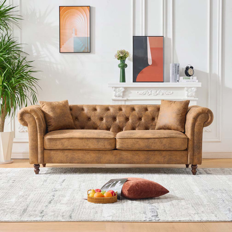 Canapé Chesterfield Lunell avec confort moelleux, tissu technique durable, Brun, 3, 29" H x 83.25" W x  33" D