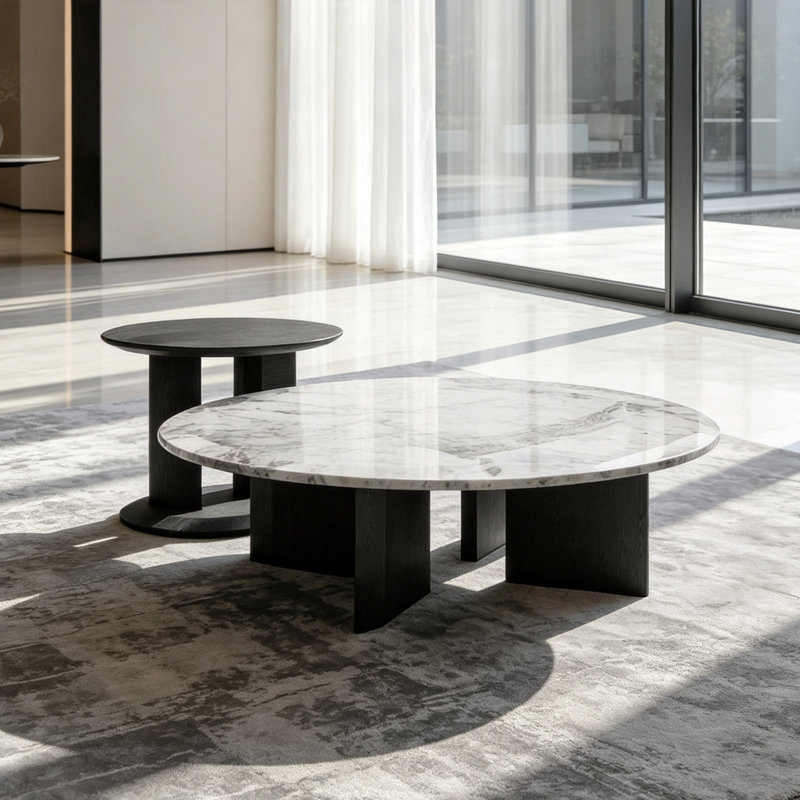 Ensemble de tables basses rondes en placage de marbre gris et blanc, table gigogne moderne avec base en placage de frêne foncé pour le salon