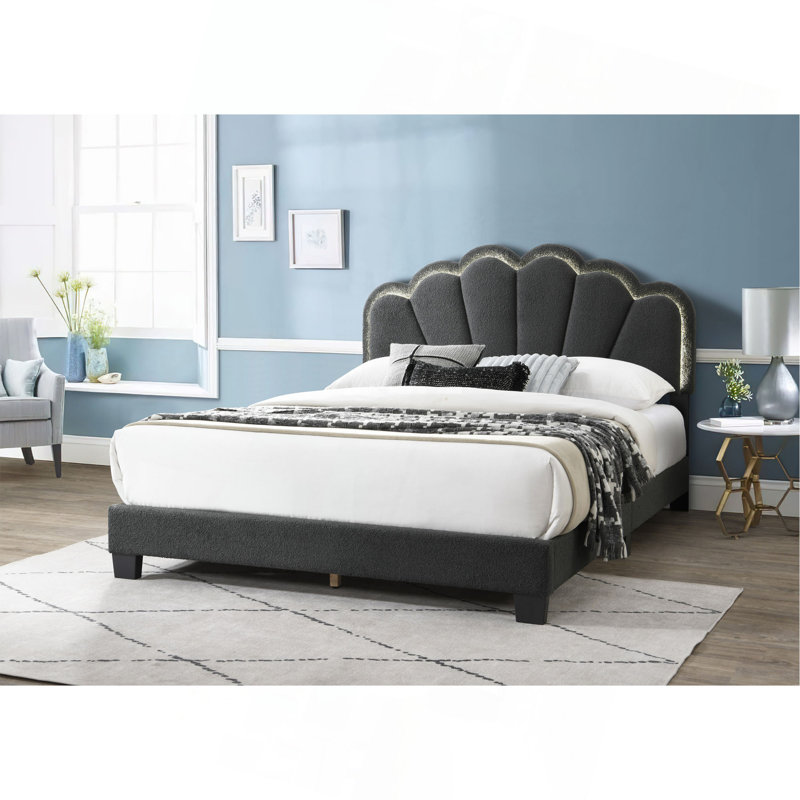 1 lit grand lit en tissu de laine gris anthracite avec tête de lit à motif floral entièrement rembourré et à DEL