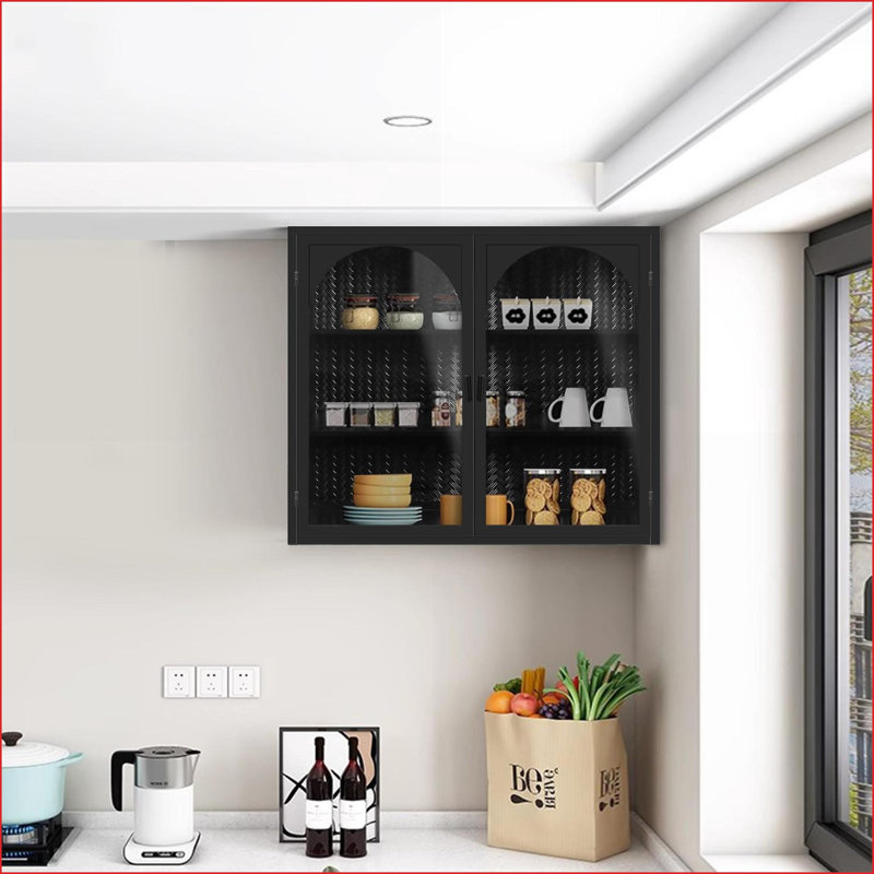 Armoire murale en fer noir moderne de 27,56 po Verre trempé 2 portes avec rangement à 3 niveaux Motif tissé | Peu encombrant | Durable