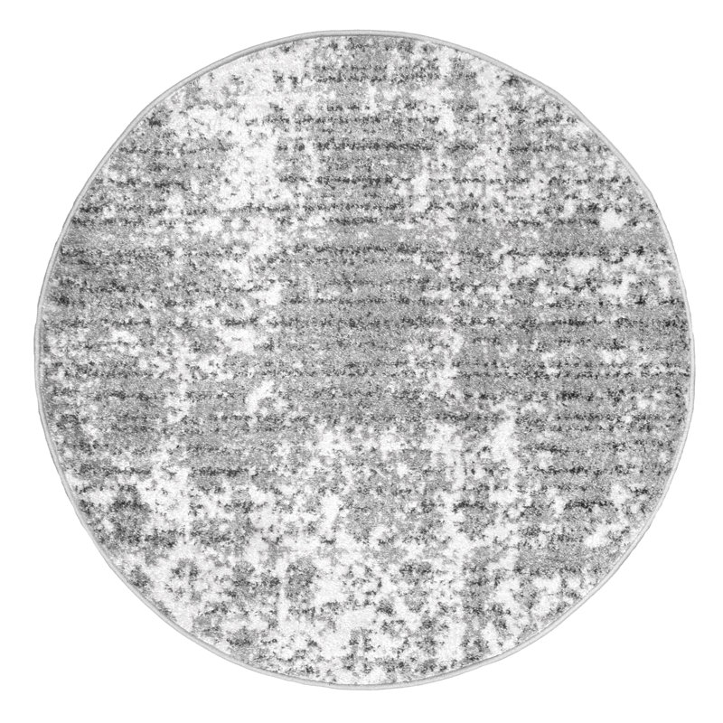 Tapis performance gris / blanc moderne à motif abstrait tissé à la machine Deedra, Rond 4 pi