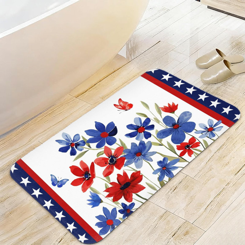 Tapis de salle de bain 32 x 20 po, Floral bleu / rouge