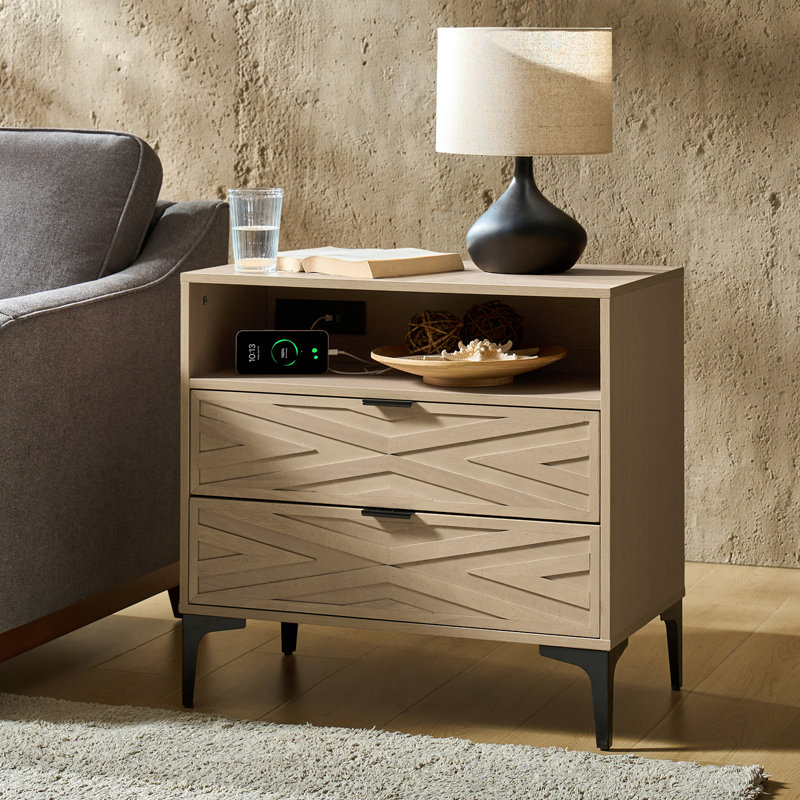 Lindley 28"W Modern 2-Drawer End Table with Charging Port and Open Shelf, Oak