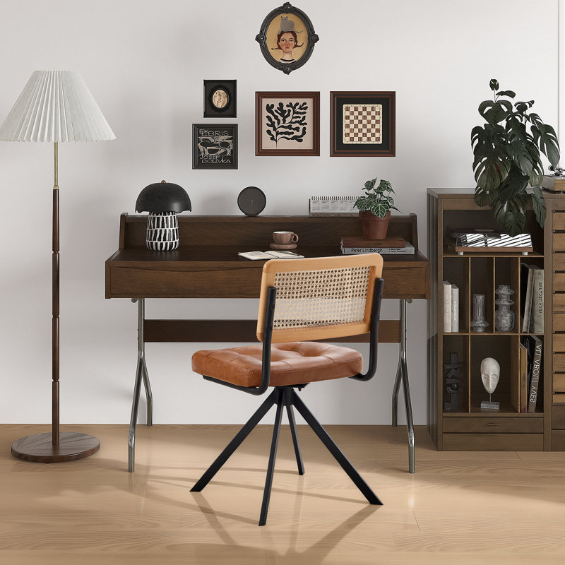 Markwart Mid-Century Modern Swivel Office Chair Rattan Back Tufted Faux Leather Seat Black Steel Legs, Brown