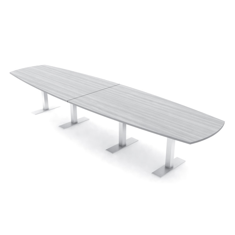 Table de conférence Pavert Arc Boat avec base en T en métal, H 30 po x l 168 po x P 48 po, Cyprès blanc, Argent