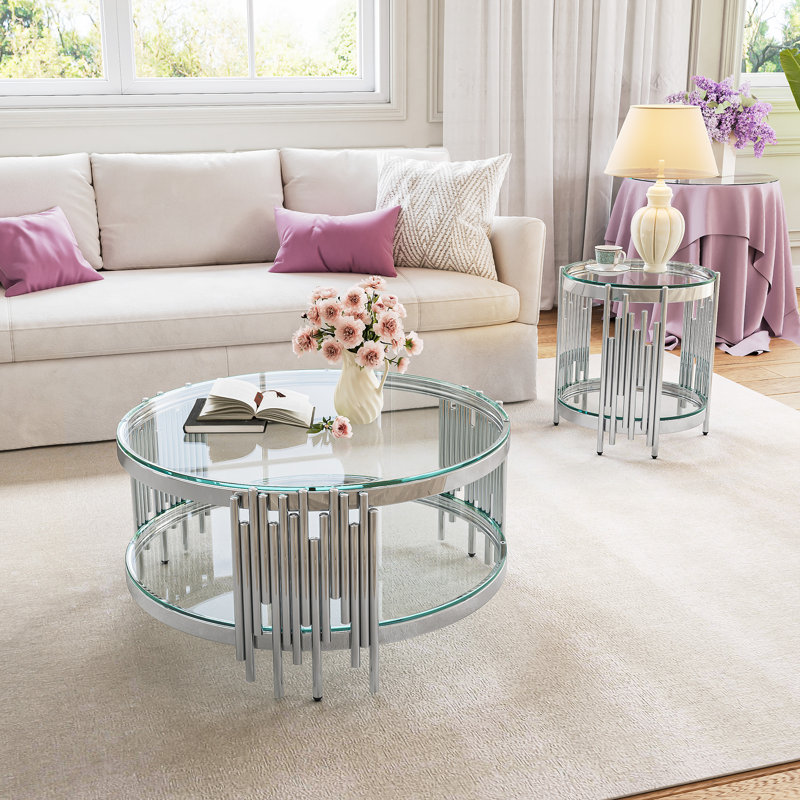 Table d'appoint de table de bout ronde en verre à 2 niveaux de 19,7 po de largeur, Clair, Argent argent
