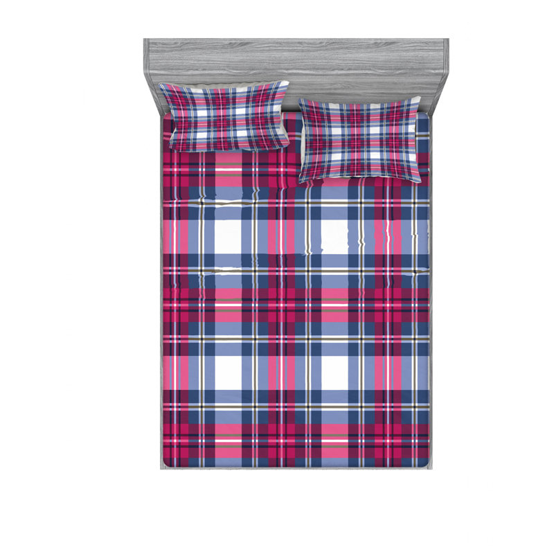 Microfiber Geometric Sheet Set, Queen Sheet Set with Fitted Sheet, Irish Fashion Motif Plaid