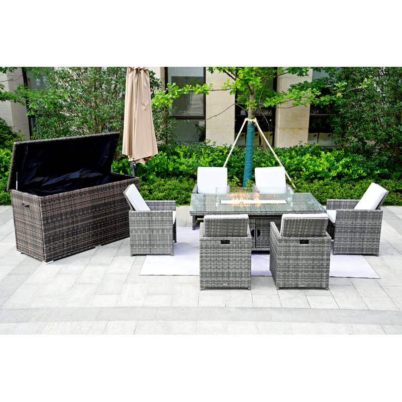 Luke Gas Fire Pit Dining Table Set, 6 Chairs, 4 Ottomans, A Storage