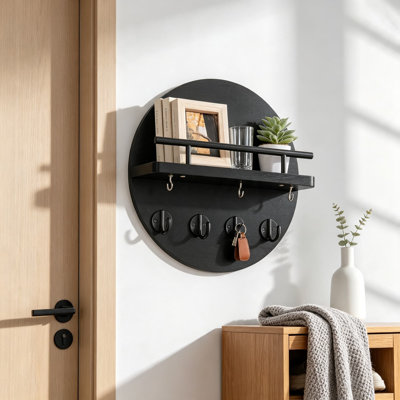 Porte-clés mural, porte-clés décoratif en bois et organisateur de courrier en bois de 10,2 pouces avec 8 crochets et tablette pour le mur, l'entrée et la décoration intérieure