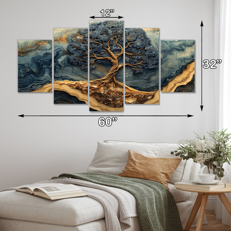 Blue Gold Tree Of Life In A Forest Landscape - Tree Of Life Wall Art - Traditional Wall Art Canvas 5 Piece