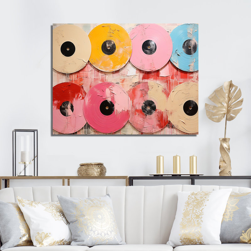 Disque vinyle rose I - Vinyle, art mural pour le salon, Toile tendue, H 30 po x l 40 po x P 1,5 po