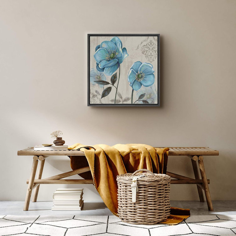 «Magnolias bleus avec insignes florales», art floral, H 16 po x l 16 po x P 1,5 po, Noir