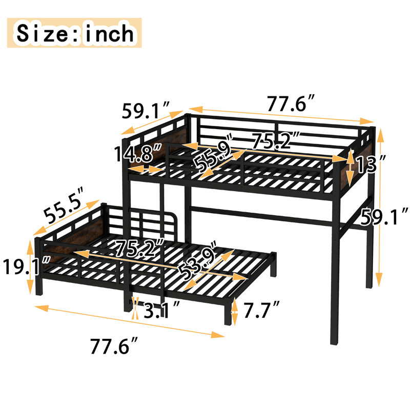 Full over Full Bunk Bed Metal Loft & Platform Bed with Raised Safety Fence – Convertible Split Bed for Kids,Vintage Wood-colored