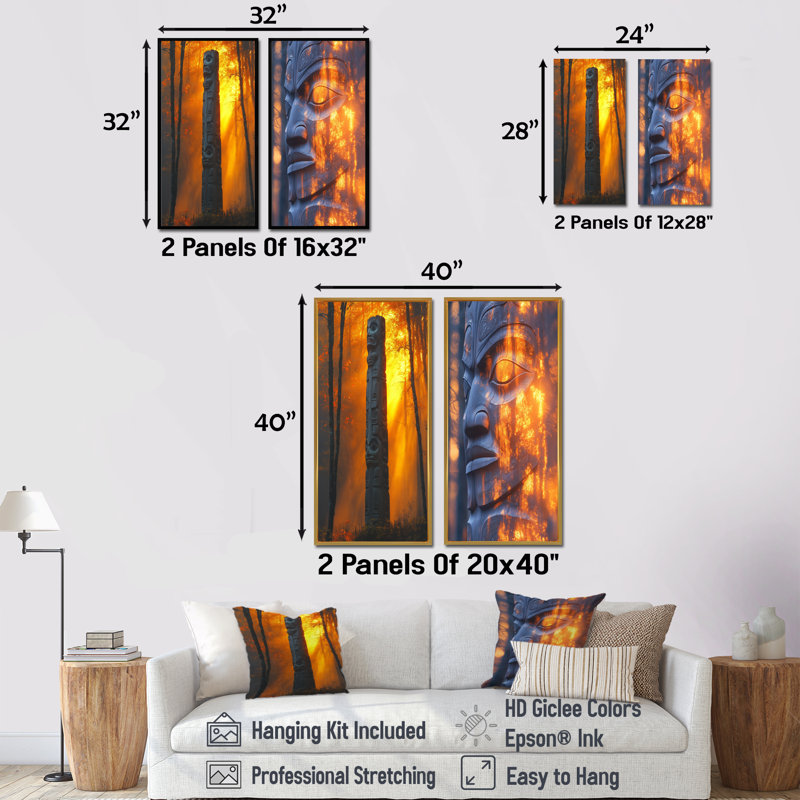 Totem jaune, forêt, lever de soleil I - art amérindien Totem, ensemble de 2 pièces d'art mural, H 32 po x l 32 po, Érable