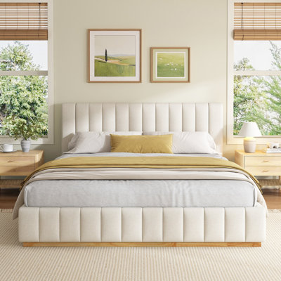 Lit à rayures moderne, minimaliste et élégant en tissu, beige, très grand