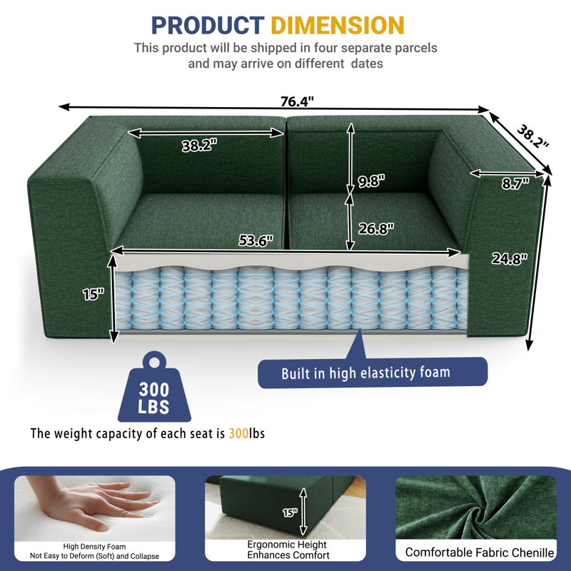 Compression Comfy Cloud 76" Wide 2-Seat Modular Sofa Couch Upholstered Sectional, No Assembly Required, Green