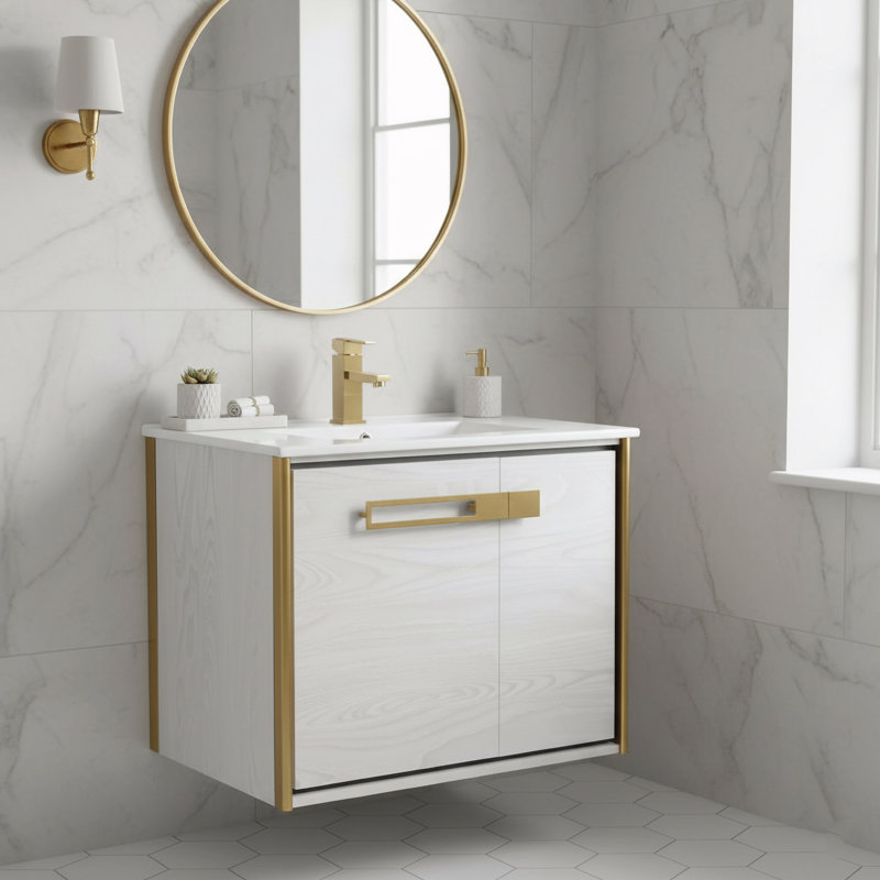 24'' Single Bathroom Vanity with Vitreous China Top, Satin Brass, Mild Gray Oak