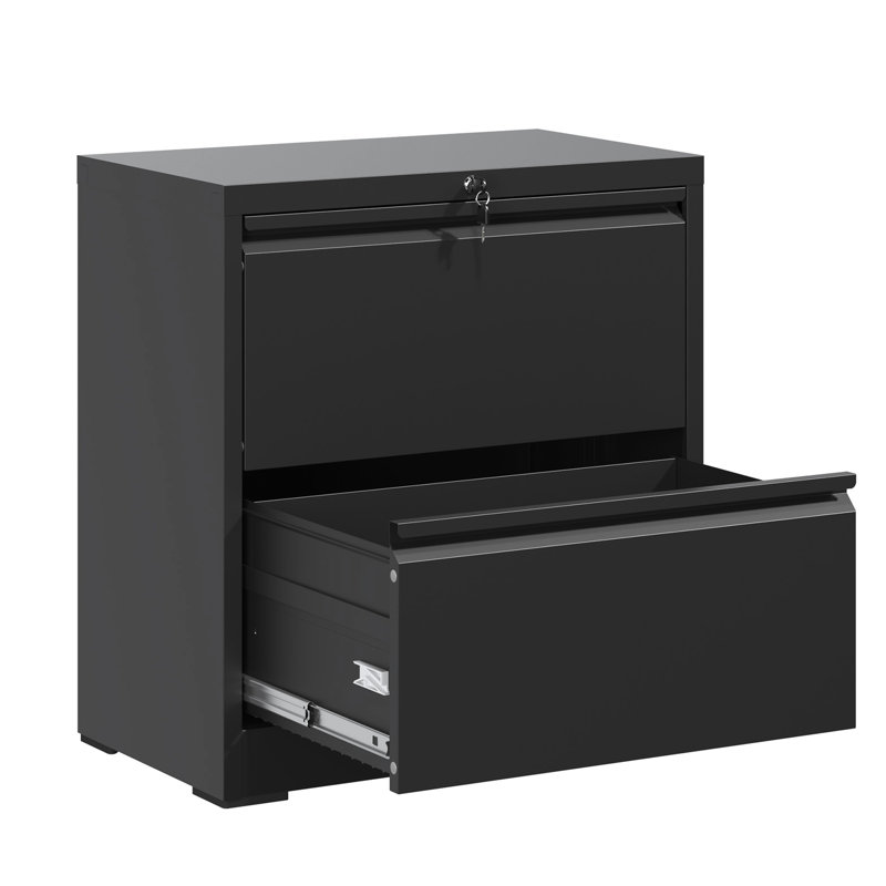 Classeur latéral noir à 2 tiroirs, fabrication en acier laminé à froid, glissières silencieuses, barre de suspension réglable, grand espace pour dossiers format lettre / A4 / F4, bureau à tiroirs verrouillable