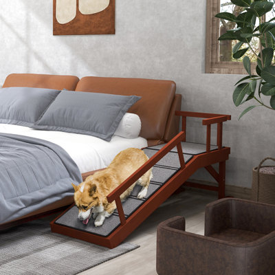 Rampe 49 po pour chien de différentes tailles, tapis brun antidérapant, garde-corps amovibles, charge moyenne antidérapante de 66 lb, capacité, pin