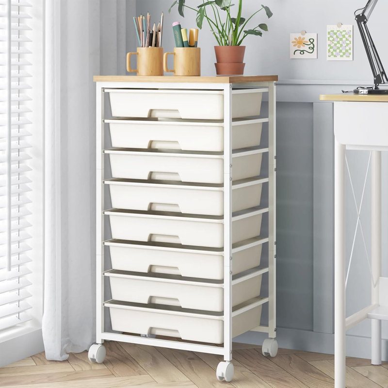 Chariot de rangement roulant avec 8 tiroirs, organisateur mobile avec plateau en bois pour l'organisation de cosmétiques de bureau, de salle de classe, de dortoir, de salle de bain et de maquillage