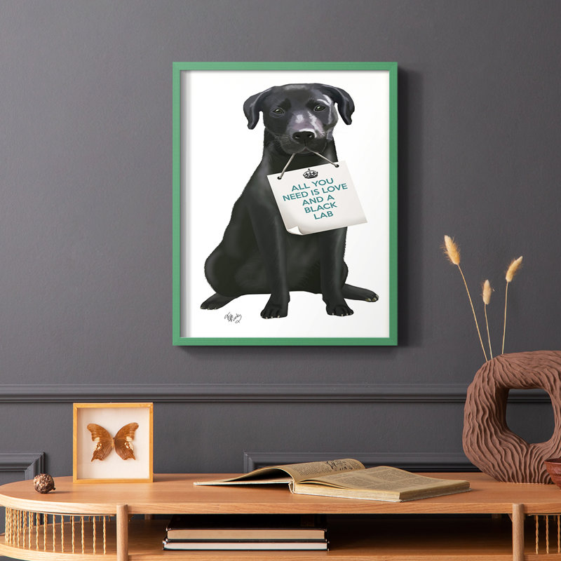 «Love and Black Labrador», reproduction encadrée - bois massif, Cadre simple vert, H 10 po x l 8 po